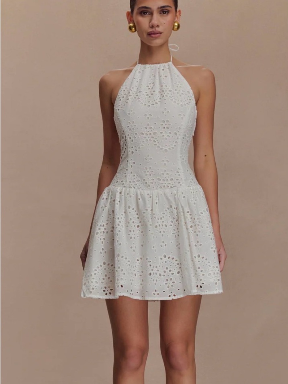 Meshki White Halter Eyelet Mini Dress
